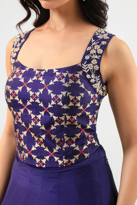 Shop_Amrood_Blue Embroidery Square Neck Designer Deep Lehenga Set 