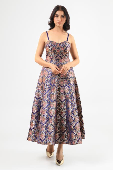 Amrood Blue Embroidery Sweetheart Neck Deep Pure Banarsi Dress 