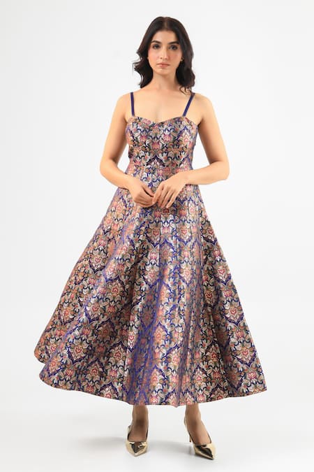 Amrood_Blue Embroidery Sweetheart Neck Deep Pure Banarsi Dress _Online_at_Aza_Fashions