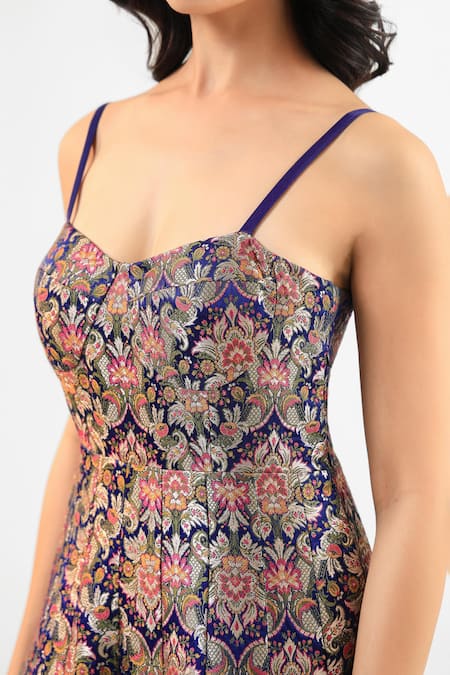 Shop_Amrood_Blue Embroidery Sweetheart Neck Deep Pure Banarsi Dress _Online_at_Aza_Fashions