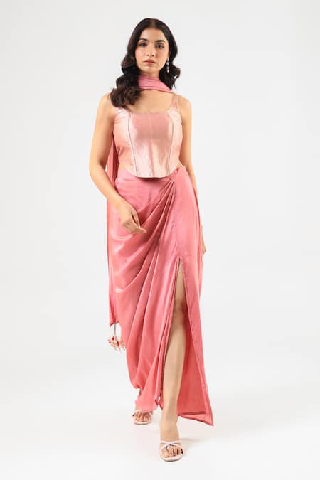Amrood_Pink Tassels Square Neck Pure Banarsi Skirt Corset Dupatta Set _Online_at_Aza_Fashions