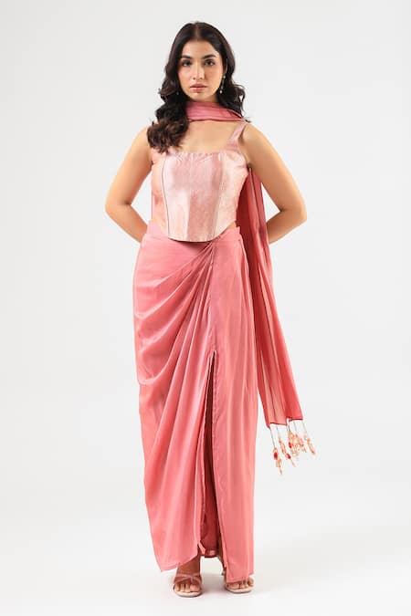 Amrood Pink Tassels Square Neck Pure Banarsi Skirt Corset Dupatta Set 