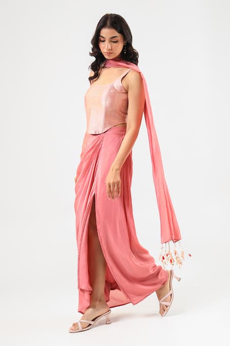 Buy_Amrood_Pink Tassels Square Neck Pure Banarsi Skirt Corset Dupatta Set _Online_at_Aza_Fashions
