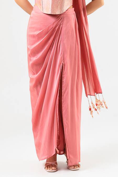 Shop_Amrood_Pink Tassels Square Neck Pure Banarsi Skirt Corset Dupatta Set _Online_at_Aza_Fashions