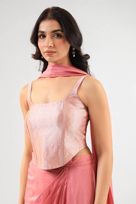 Amrood_Pink Tassels Square Neck Pure Banarsi Skirt Corset Dupatta Set _at_Aza_Fashions