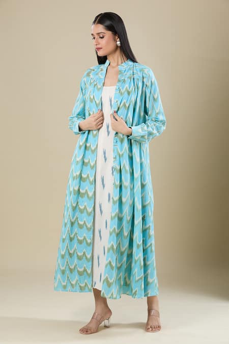 Shop_Naintara Bajaj_Cream Scoop Neck, Mandarin Collar Ikat Handloom Jacket And Dress Set _Online_at_Aza_Fashions