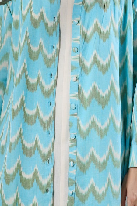 Naintara Bajaj_Cream Scoop Neck, Mandarin Collar Ikat Handloom Jacket And Dress Set _at_Aza_Fashions