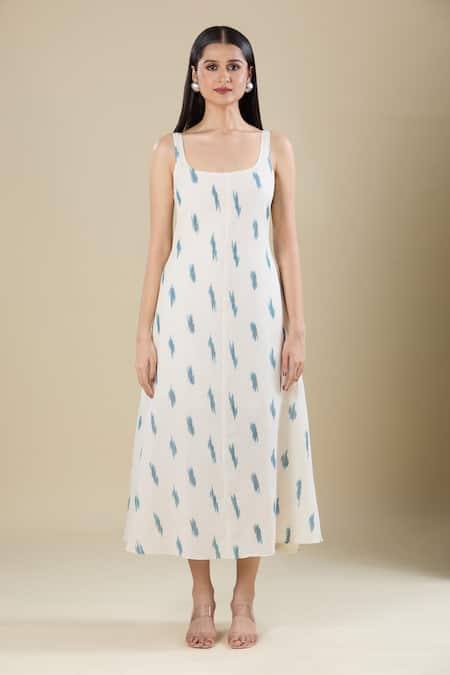 Shop_Naintara Bajaj_Cream Scoop Neck, Mandarin Collar Ikat Handloom Jacket And Dress Set 