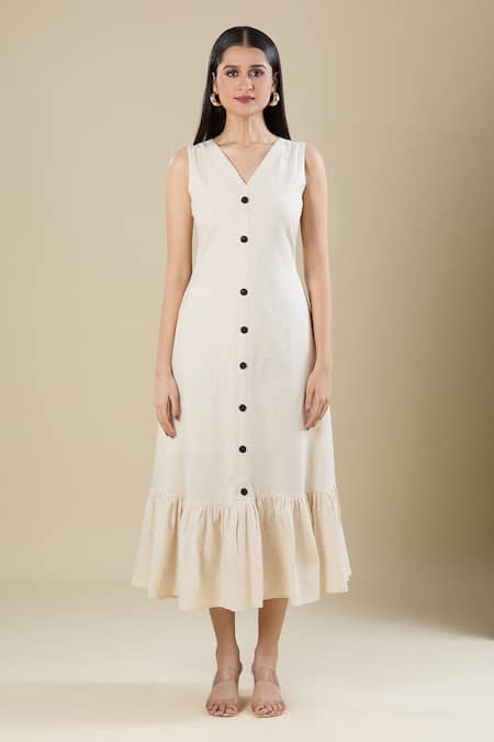 Buy_Naintara Bajaj_Cream Handloom Cotton V-, Round Jacket And Dress Set _Online_at_Aza_Fashions