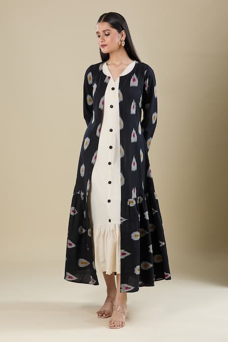 Shop_Naintara Bajaj_Cream Handloom Cotton V-, Round Jacket And Dress Set _Online_at_Aza_Fashions