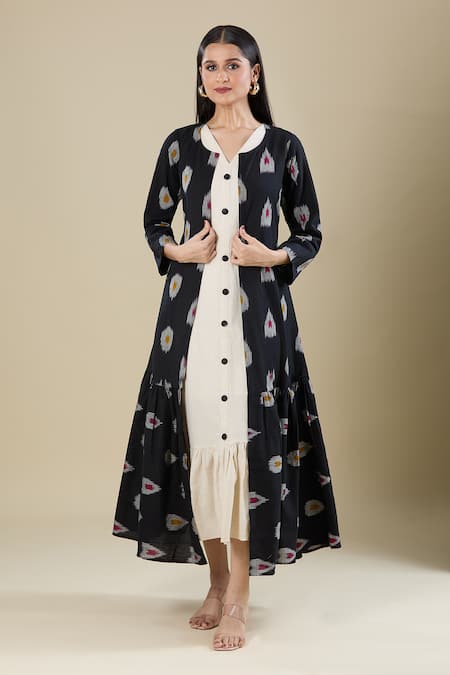 Naintara Bajaj Cream Handloom Cotton V-, Round Jacket And Dress Set 