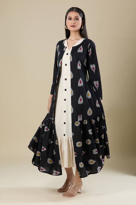 Naintara Bajaj_Cream Handloom Cotton V-, Round Jacket And Dress Set _at_Aza_Fashions