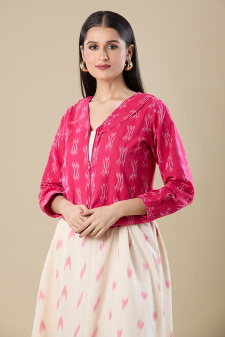 Buy_Naintara Bajaj_Pink Round Neck Ikat Handloom Jacket And Dress Set _Online_at_Aza_Fashions