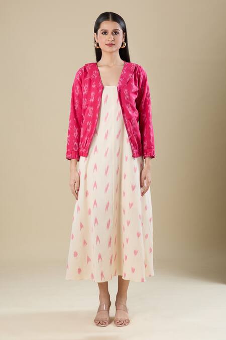 Shop_Naintara Bajaj_Pink Round Neck Ikat Handloom Jacket And Dress Set 