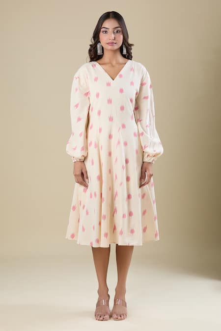 Shop_Naintara Bajaj_Cream V-neck Ikat Handloom Pink Dress _Online_at_Aza_Fashions