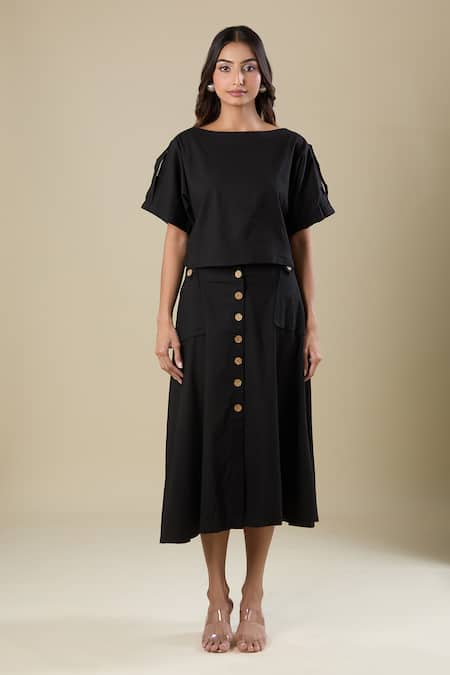 Shop_Naintara Bajaj_Black Cotton Boat Neck Skirt And Top Set _Online_at_Aza_Fashions