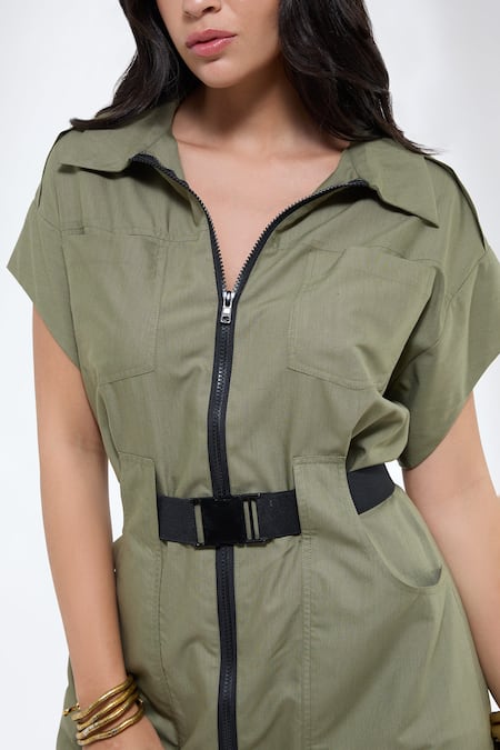 Krati Jain_Olive Green Cotton Collared Light Front Open Shirt Dress _Online_at_Aza_Fashions