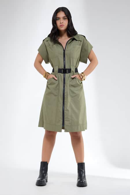 Buy_Krati Jain_Olive Green Cotton Collared Light Front Open Shirt Dress _Online_at_Aza_Fashions