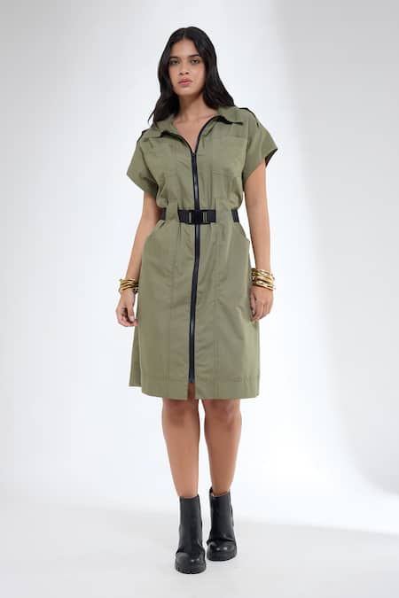 Krati Jain Light Olive Front Open Shirt Dress 