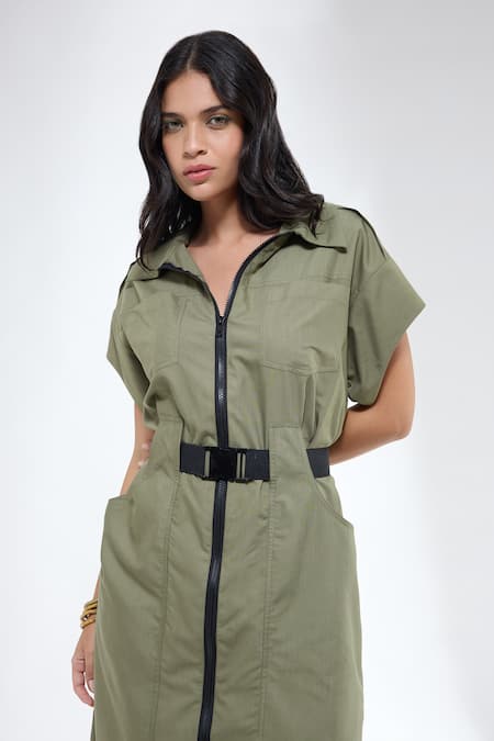 Shop_Krati Jain_Olive Green Cotton Collared Light Front Open Shirt Dress _Online_at_Aza_Fashions
