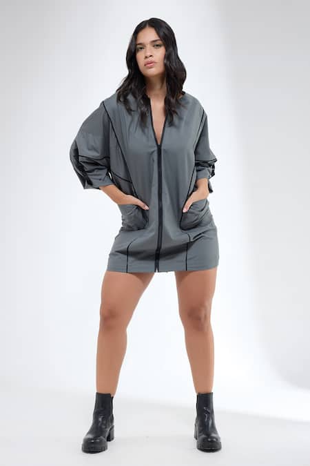 Buy_Krati Jain_Gray Cotton Split V-neck Grey Anti Fit Short Dress _Online_at_Aza_Fashions