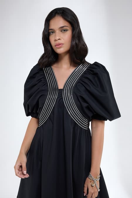 Krati Jain_Black Cotton Off-shoulder Flared Skater Dress _Online_at_Aza_Fashions
