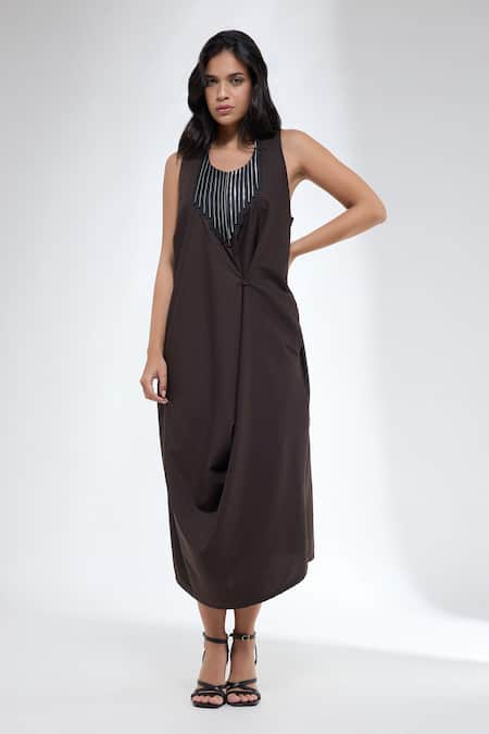 Krati Jain Brown Cotton Beads Halter Neck Dress 