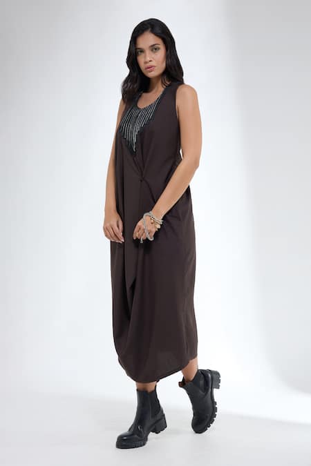 Krati Jain Brown Cotton Beads Halter Neck Dress at Aza Fashions Krati Jain_Brown Cotton Beads Halter Neck Dress _at_Aza_Fashions