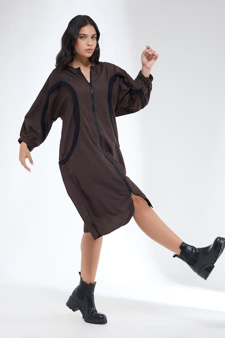 Krati Jain_Brown Cotton Round Neck Curved Rib Detail Dress _Online_at_Aza_Fashions