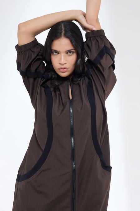 Buy_Krati Jain_Brown Cotton Round Neck Curved Rib Detail Dress _Online_at_Aza_Fashions