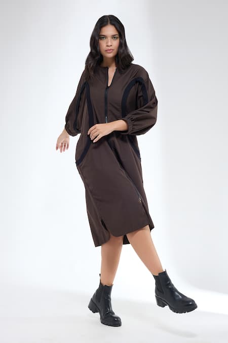 Shop_Krati Jain_Brown Cotton Round Neck Curved Rib Detail Dress _Online_at_Aza_Fashions