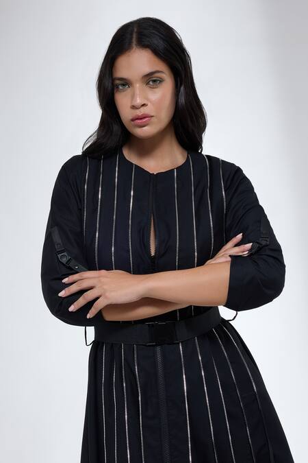 Shop Krati Jain Black Cotton Round Neck Pleated Blend Dress Online at Aza Fashions Shop_Krati Jain_Black Cotton Round Neck Pleated Blend Dress _Online_at_Aza_Fashions