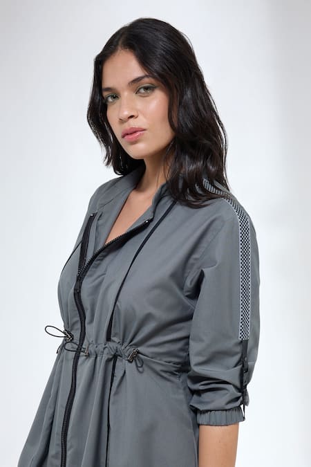 Krati Jain_Gray Cotton Collared Grey Vertical Piping Dress _Online_at_Aza_Fashions