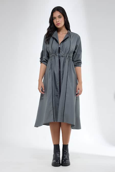 Krati Jain Gray Cotton Collared Grey Vertical Piping Dress 
