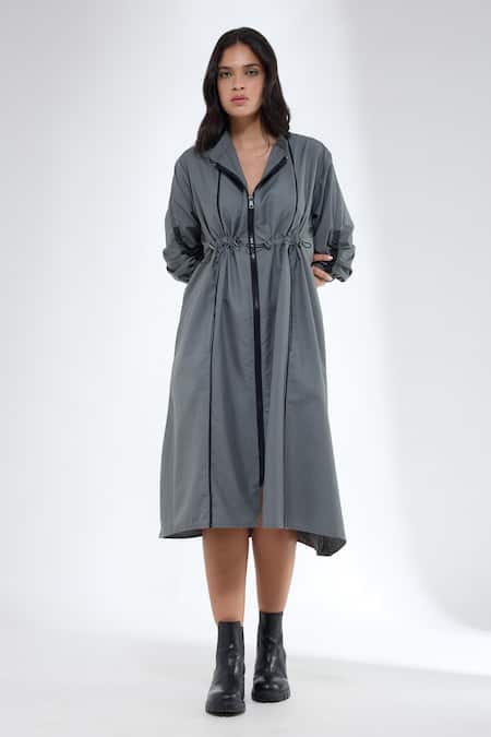 Buy_Krati Jain_Gray Cotton Collared Grey Vertical Piping Dress _Online_at_Aza_Fashions