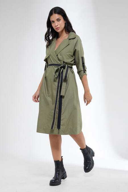 Buy_Krati Jain_Olive Green Cotton Collared Trench Style Dress With Belt _Online_at_Aza_Fashions