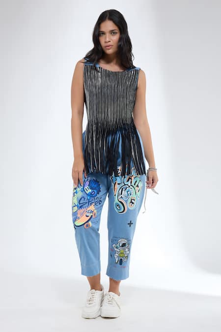 Buy_Krati Jain_Blue Denim Round Neck Sleeveless Crop Top _Online_at_Aza_Fashions