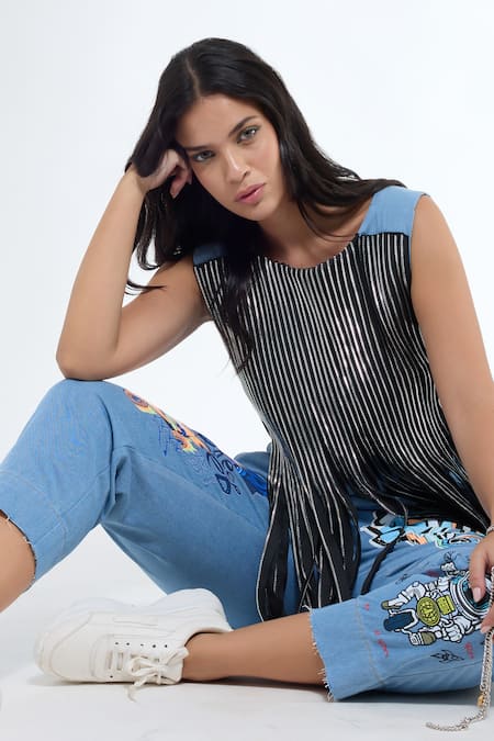 Shop_Krati Jain_Blue Denim Round Neck Sleeveless Crop Top _Online_at_Aza_Fashions