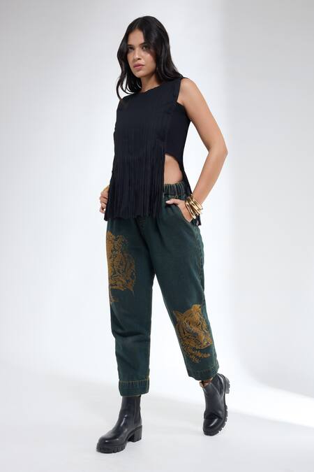 Krati Jain Frayed Textured Black Crop Top 