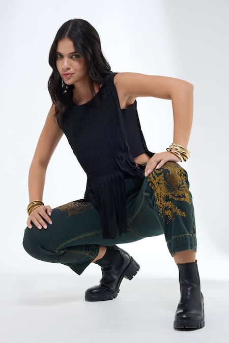 Krati Jain_Black Cotton Crew Neck Frayed Textured Crop Top _Online_at_Aza_Fashions