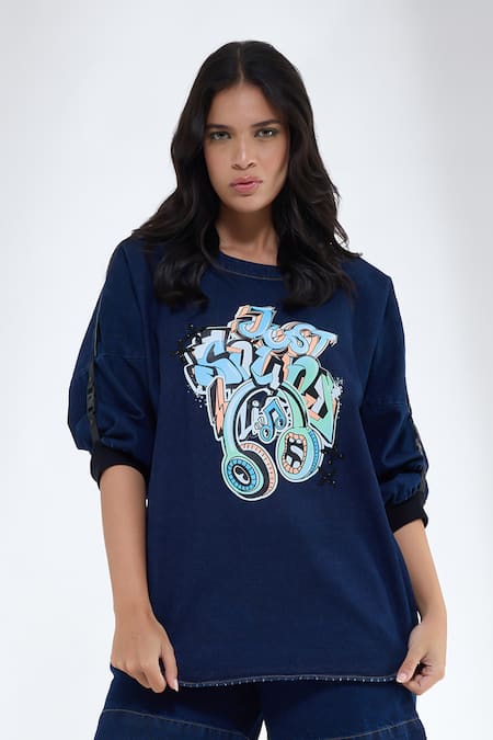 Buy_Krati Jain_Blue Denim Crew Neck Anti Fit Top And Shorts Set _Online_at_Aza_Fashions