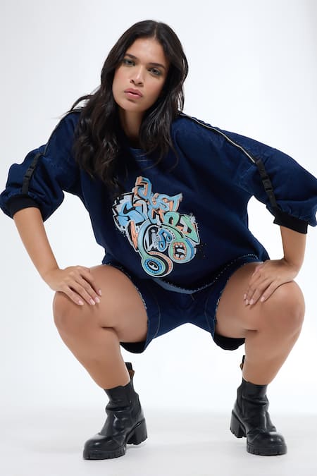 Shop_Krati Jain_Blue Denim Crew Neck Anti Fit Top And Shorts Set _Online_at_Aza_Fashions