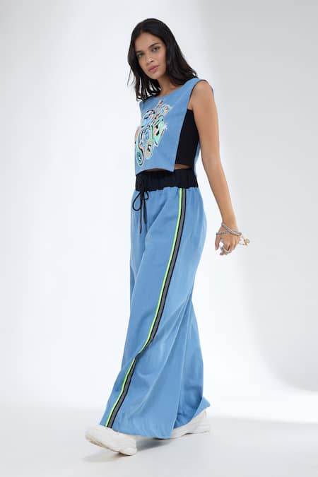 Krati Jain Funky Motif Denim Crop Top & Flared Pants Set 