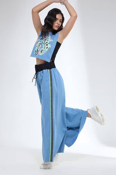 Krati Jain Blue Denim Round Neck Funky Motif Crop Top And Flared Pants Set 