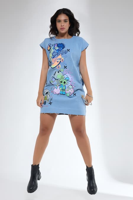 Krati Jain Blue Denim Round Neck Funky Motif Shift Dress 