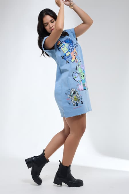 Krati Jain_Blue Denim Round Neck Funky Motif Shift Dress _Online_at_Aza_Fashions