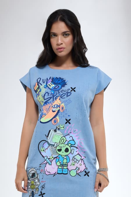 Buy_Krati Jain_Blue Denim Round Neck Funky Motif Shift Dress _Online_at_Aza_Fashions