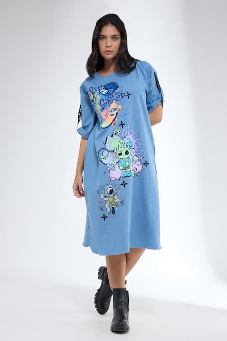 Krati Jain Blue Denim Round Neck Funky Motif Tunic 
