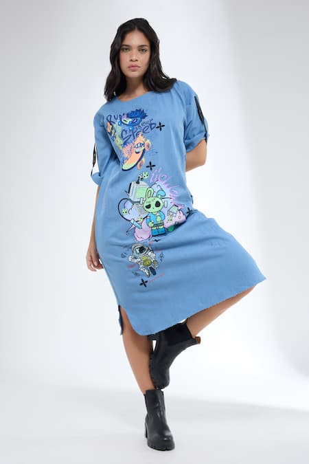 Krati Jain_Blue Denim Round Neck Funky Motif Tunic _Online_at_Aza_Fashions