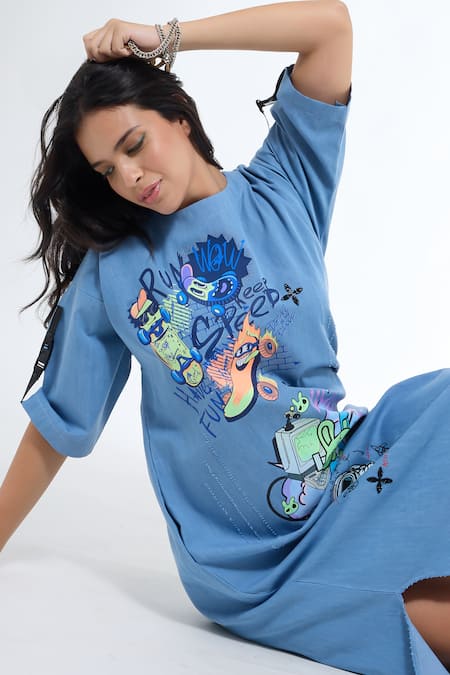 Buy_Krati Jain_Blue Denim Round Neck Funky Motif Tunic _Online_at_Aza_Fashions